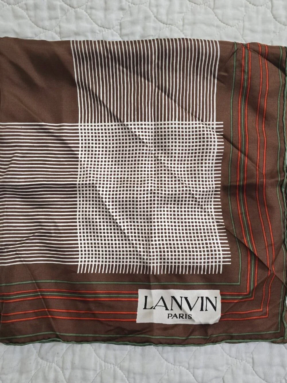 Vtg Lanvin Paris 100% Silk Scarf Brown Geometric Stripes Cream Orange Green EUC.